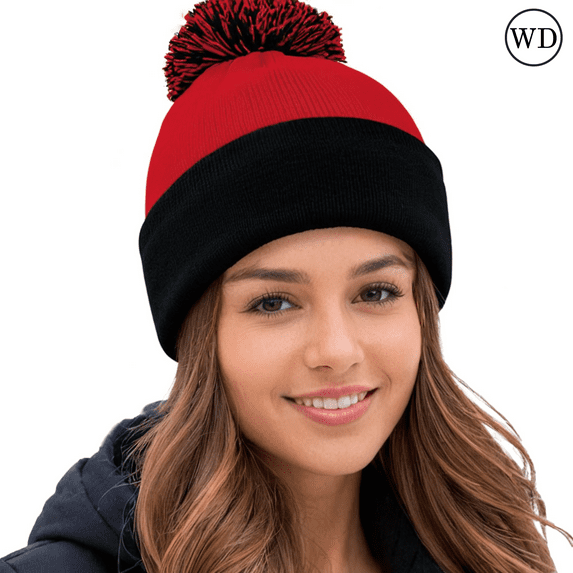 Sportsman Unisex 12" Pom-Pom Cuffed Beanie, Acrylic Lined Striped Speckled Hat for Winter, (One Size Red/ Black)