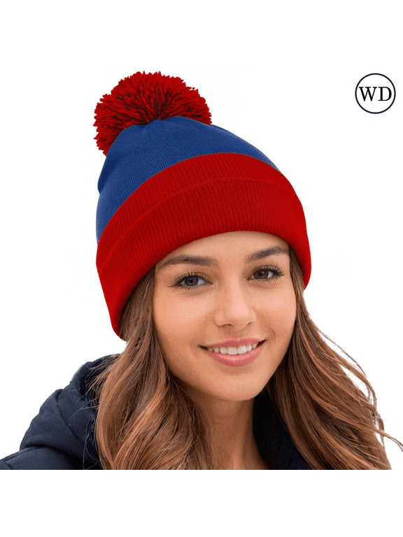 Unisex 12" Pom-Pom Cuffed Beanie, Acrylic Lined Striped Speckled Hat for Winter, (One Size Royal/ Red)