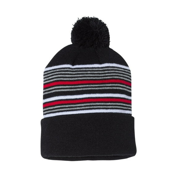 Sportsman Unisex 12" Striped Pom-Pom Cuffed Beanie Hat Fleece Lined for Cold Weather, Black/ White/ Grey/ Red