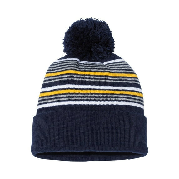 Sportsman Unisex 12" Striped Pom-Pom Cuffed Beanie Hat Fleece Lined for Cold Weather, Navy/ White/ Grey/ Gold