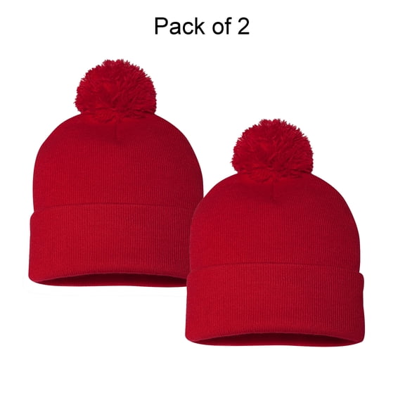 Sportsman Unisex Soft Pom-Pom 12" Cuffed Beanie 100% Acrylic Hat -GR15 (One Size, 2 Pack Red)