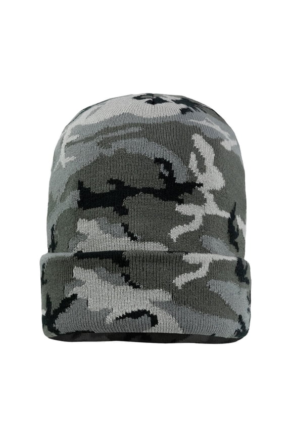 Unisex Solid Cuffed Beanie 12" Hat Cap Winter Acrylic Soft Toboggan (Grey Camo, One Size)