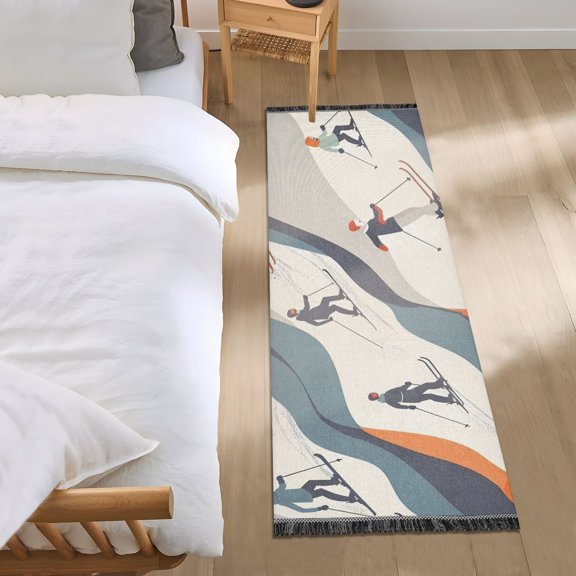Sportsmen Skiing on The Slope Bedside Runner Rug 2'x 6' Non Slip Carpet Floor Mat Area Rug
