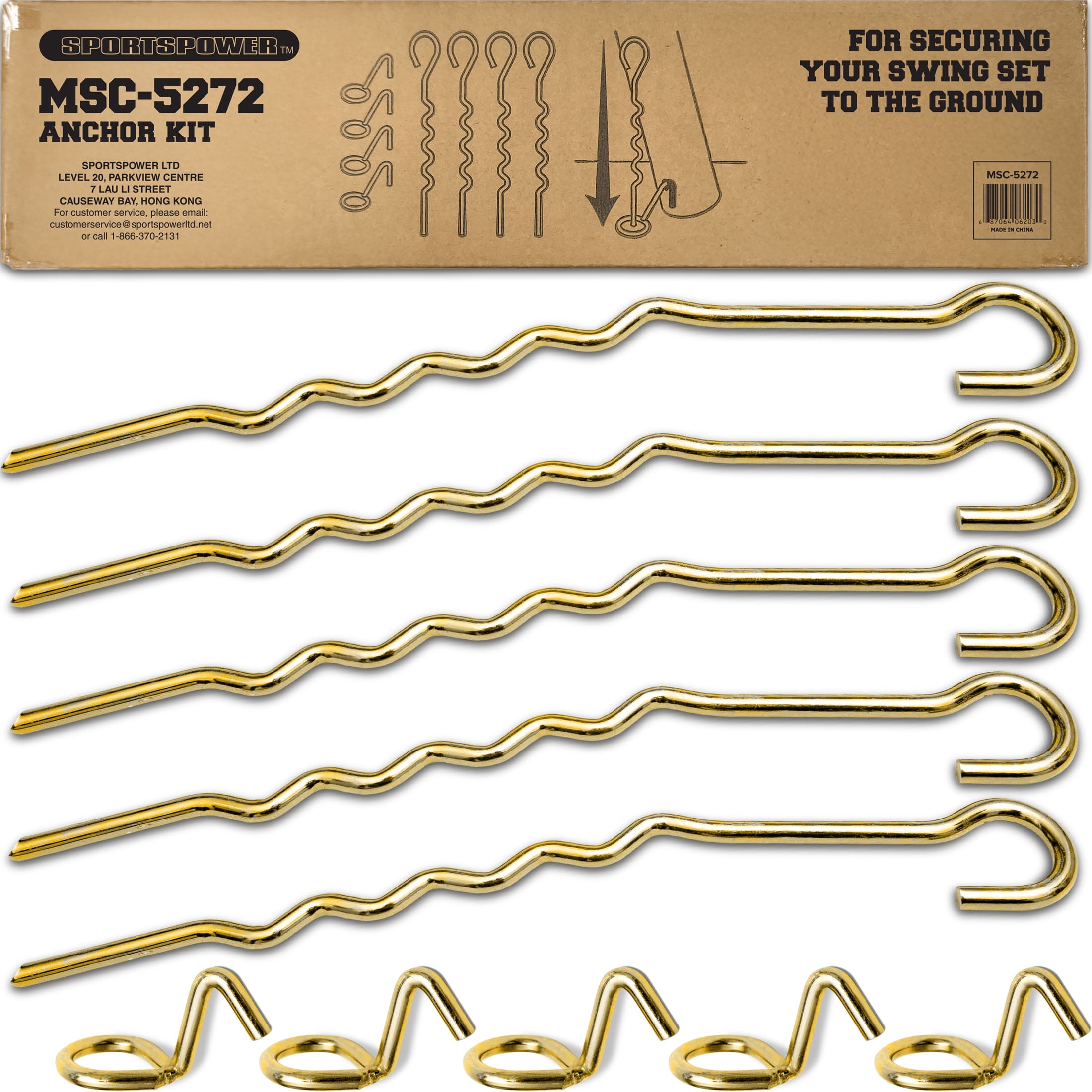 Sportspower 12" Heavy-Duty Steel Ground Anchor Kit for Swing Sets, Trampolines & Playsets — Corkscrew Anchors, Easy Install, All-Weather, Gold (5 Pack)