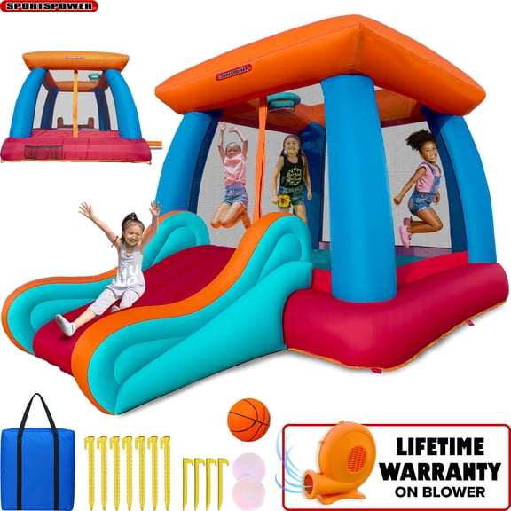 Sportspower Inflatable Bounce House for Kids with Blower, Large Indoor Outdoor Jumping Castle with Slide and Basketball Hoop, Backyard Bounce Castle, My 1st Jump N Play