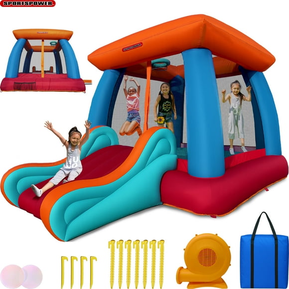 Sportspower™ My 1st Inflatable Bounce House for Kids with Slide & Basketball Hoop | 12' x 7.2' x 9' | Lifetime Warranty on 750W Blower