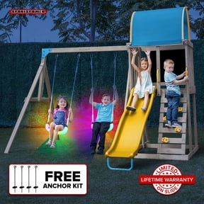 Sportspower Addison Twinkle Wooden Swing Set with Heavy-Duty Double A-Frame, Lifetime Warranty on 6' Slide, 2 LED Swings, & Bonus Anchor Kit, for Kids Aged 3-8