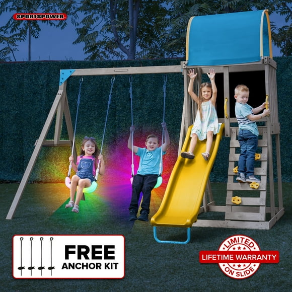 Sportspower™ Addison Twinkle Wooden Swing Set with Heavy-Duty Double A-Frame, Lifetime Warranty on 6' Slide, 2 LED Swings, & Bonus Anchor Kit, for Kids Aged 3-8