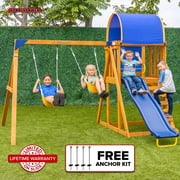 Sportspower Addison Wooden Swing Set with Heavy Duty Double A-Frame, on Slide, Bonus Anchor Kit - for Ages 3-8