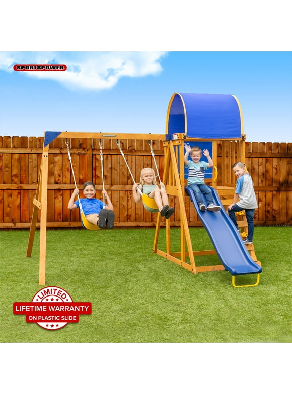 Sportspower Addison Wooden Swing Set with Heavy Duty Double A-Frame and Lifetime Warranty on Blow Molded Slide