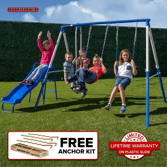 Sportspower Albany Metal Swing Set for Kids Ages 3-8 with 2 Sling Swings, 2-Person Glider, & Lifetime Warranty on 5 ft Slide, Heavy-Duty Outdoor Playset with 6ft Steel Frame