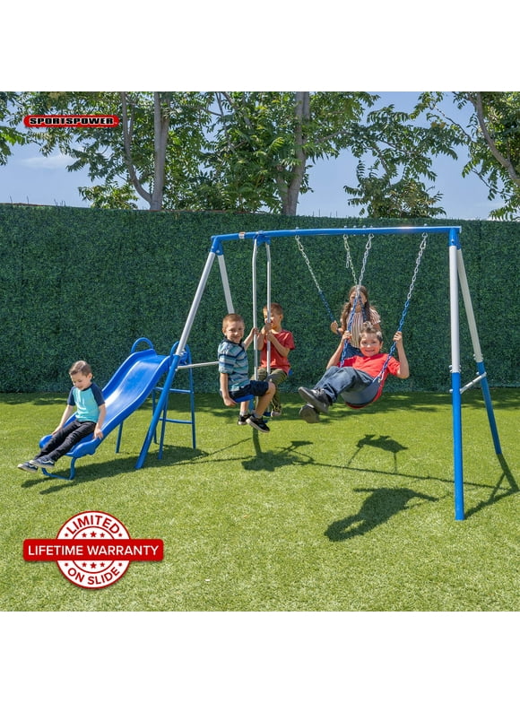 Sportspower Albany Metal Swing Set with 2 Person Glider Swing, 2 Adjustable Sling Swing Seats, and 5' Double Wall Slide with Lifetime Warranty