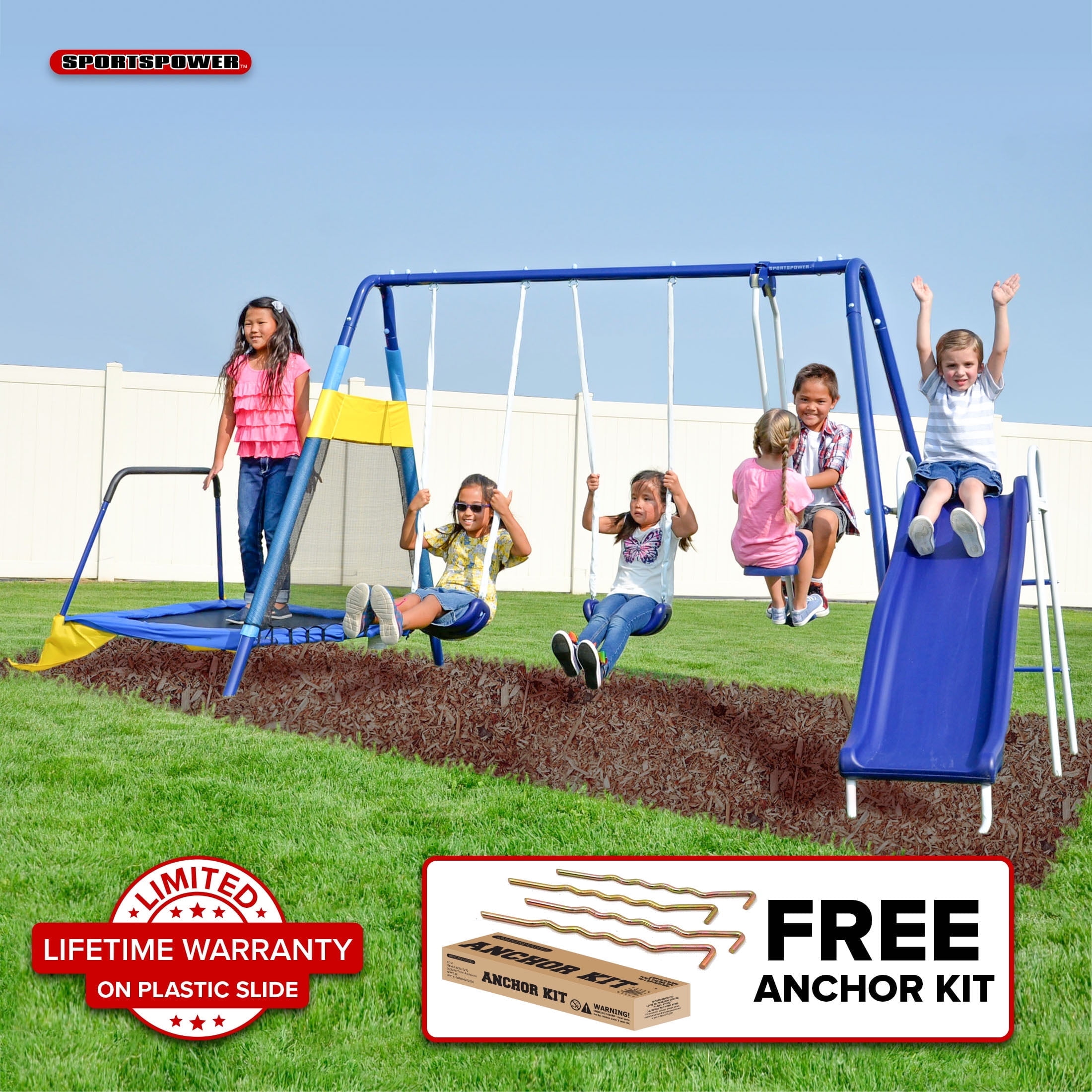 Sportspower Almansor Metal Swing Set with Glide Ride, Trampoline