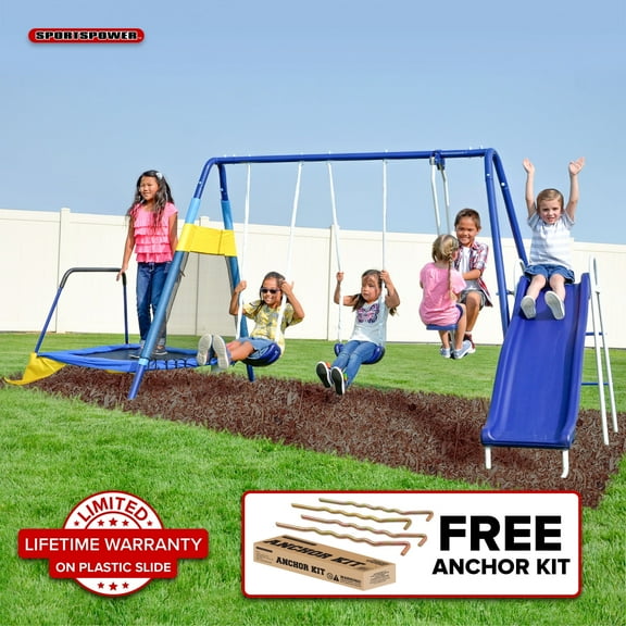 Sportspower Almansor Metal Swing Set with Glide Ride, Trampoline, and Lifetime Warranty on Blow Molded Slide, Great for Ages 3-8