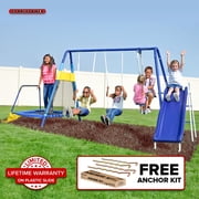Sportspower Almansor Metal Swing Set with Glide Ride, Trampoline, and on Blow Molded Slide, Great for Ages 3-8
