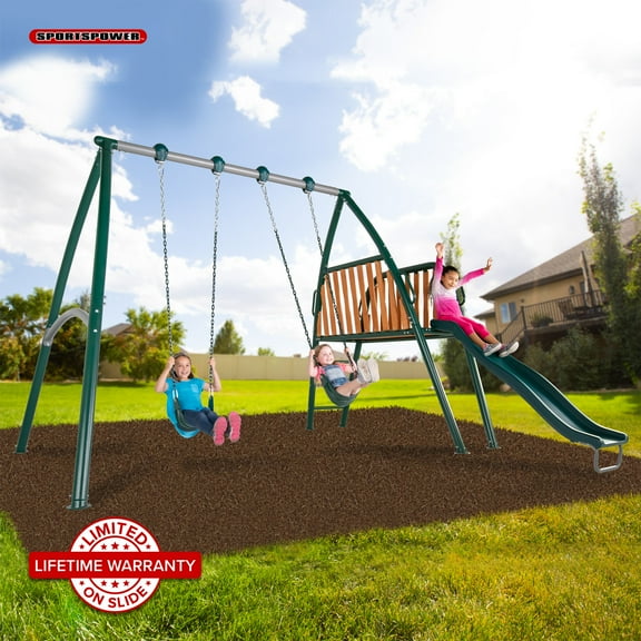 Sportspower Alta Oaks Metal Swing Set for Kids Ages 3-10, 2 Belt Swings, 6ft Slide, & Wooden Play Deck, 8.4ft Durable Steel Frame