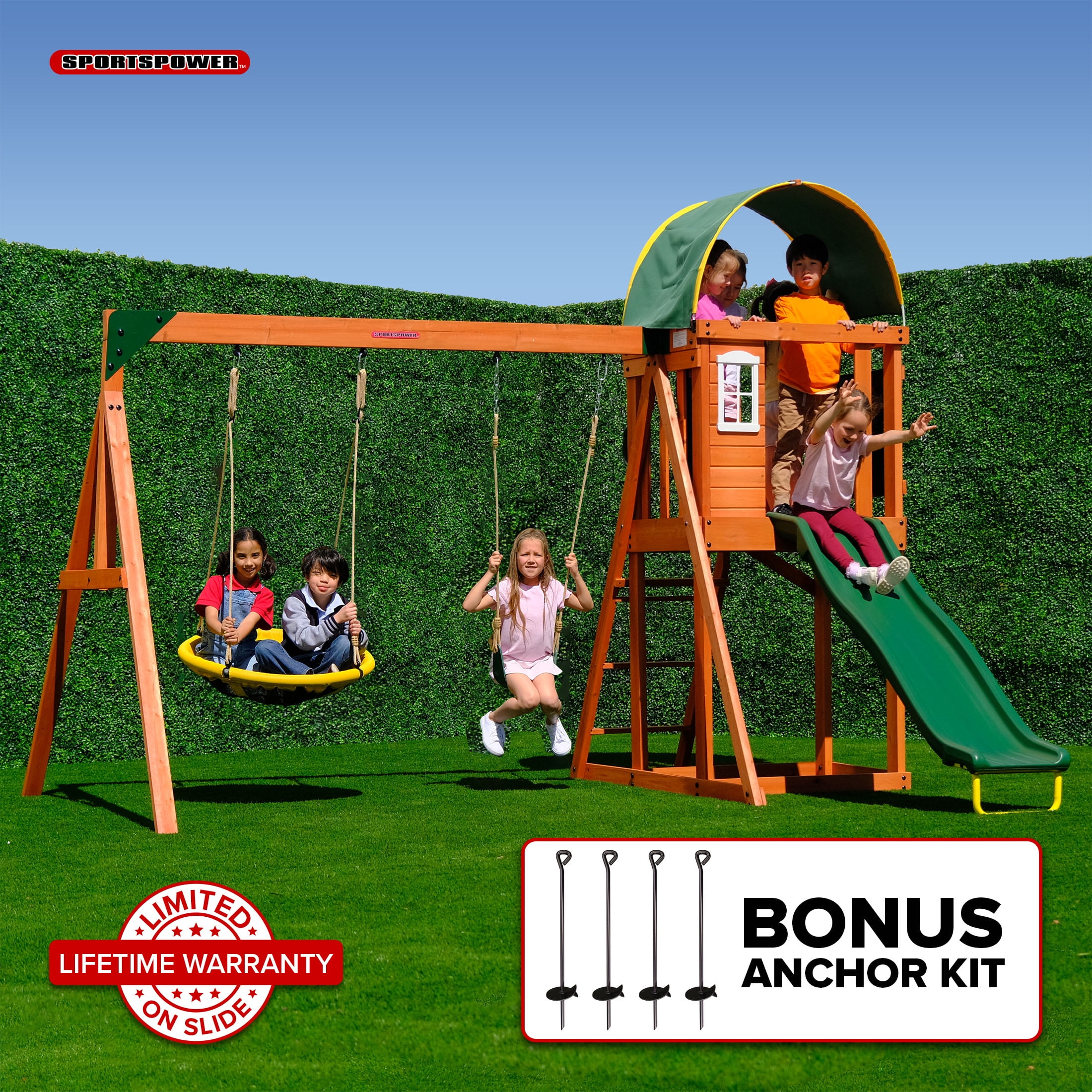 Sportspower Amelia Wooden Swing Set With 2-Person Saucer Swing, 6' Blow ...