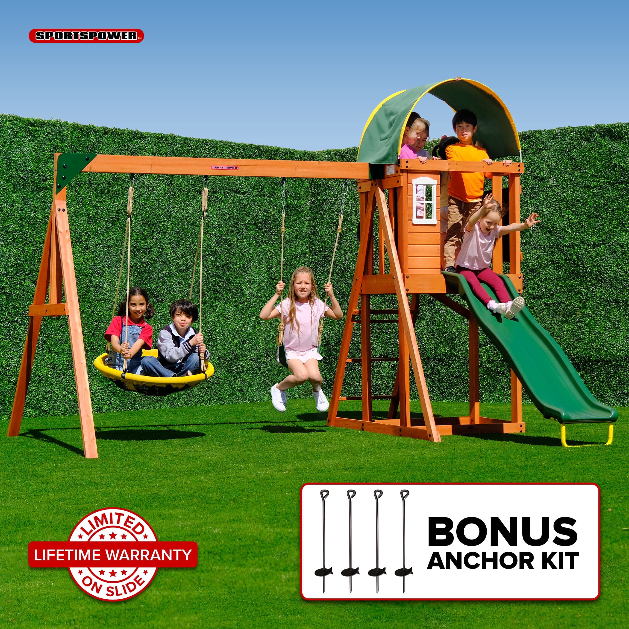 Sportspower Amelia Wooden Swing Set with 2-Person Saucer Swing, 6