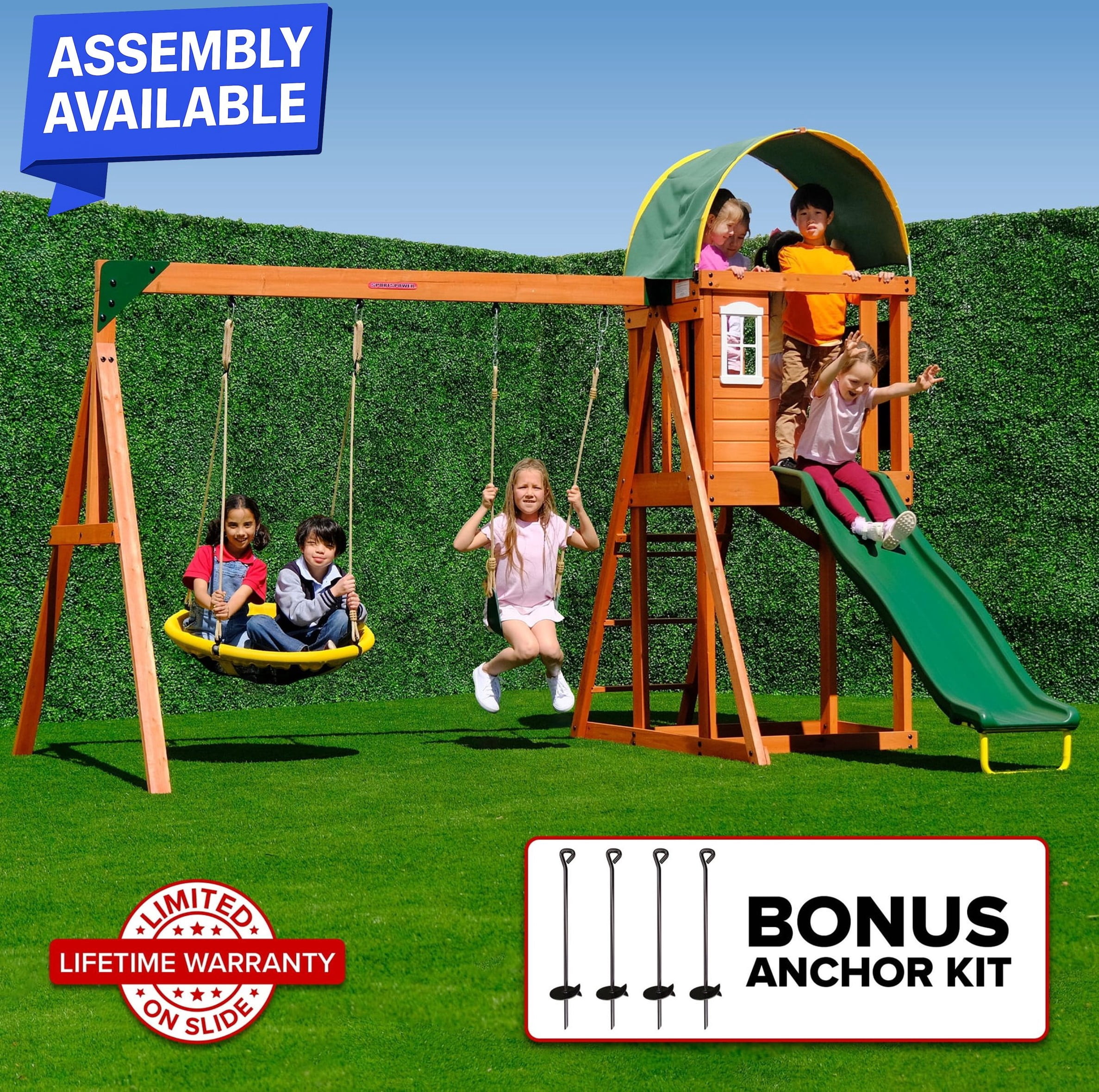 Sportspower Amelia Wooden Swing Set with 2-Person Saucer Swing, 6' Blow Molded Slide, Swing, Play Fort, Heavy Duty Double A-Frame, Lifetime Warranty on Slide
