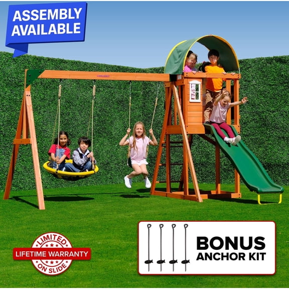 Sportspower Amelia Wooden Swing Set with 2-Person Saucer Swing, 6' Blow Molded Slide, Swing, Play Fort, Heavy Duty Double A-Frame, Lifetime Warranty on Slide