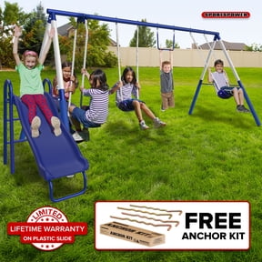 Sportspower Arcadia Metal Swing Set with Trapeze, 2 Person Glider Swing, 5' Double Wall Slide with Lifetime Warranty, and Bonus Anchor Kit, Great for Kids 3-8