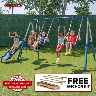 Sportspower Arcadia Metal Swing Set with Trapeze, 2 Person Glider Swing, 5' Double Wall Slide with Lifetime Warranty, and Bonus Anchor Kit, Great for Kids 3-8