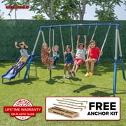 Sportspower Arcadia Metal Swing Set with Trapeze, 2 Person Glider Swing, 5' Double Wall Slide with Lifetime Warranty, and Bonus Anchor Kit, Great for Kids 3-8
