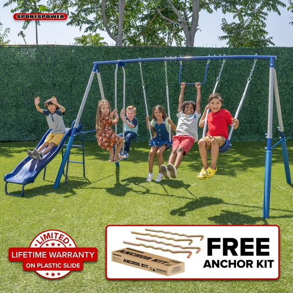 Sportspower Arcadia Metal Swing Set with Trapeze, 2 Person Glider Swing, 5' Double Wall Slide with Lifetime Warranty, and Bonus Anchor Kit, Great for Kids 3-8