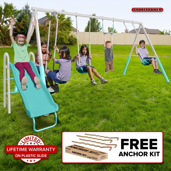 Sportspower Arcadia Metal Swing Set for Kids Ages 3-8, Outdoor Backyard Playset with Trapeze, 2-Person Glider, 5-Foot Slide with Lifetime Warranty, Bonus Anchor Kit (TEAL)