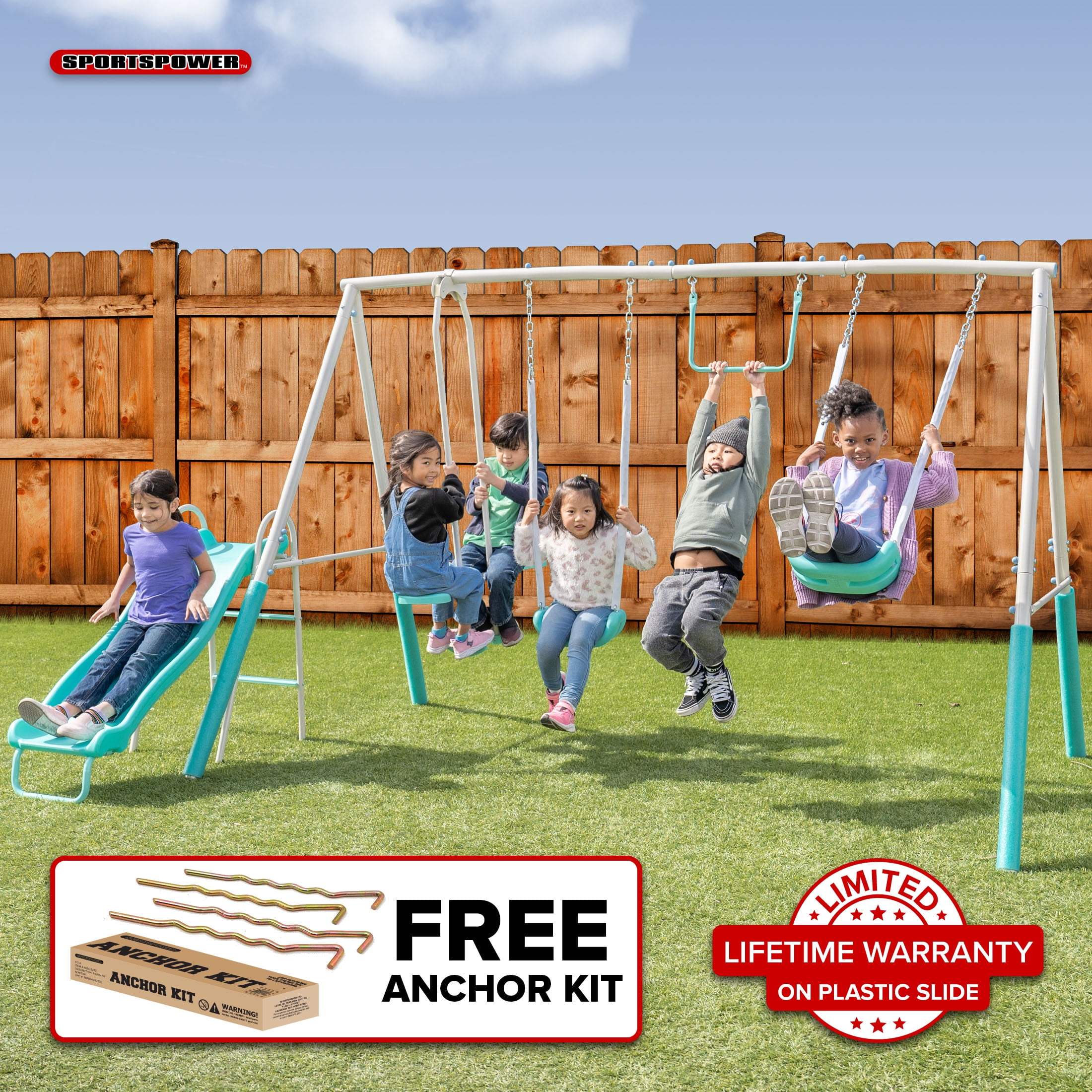 Teal Metal Swing Set with Slide and Trapeze