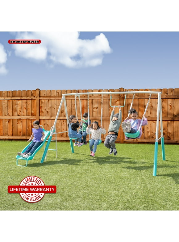 Sportspower Arcadia Metal Swing Set with Trapeze, 2 Person Glider Swing, and 5' Double Wall Slide with Lifetime Warranty (teal ver.)