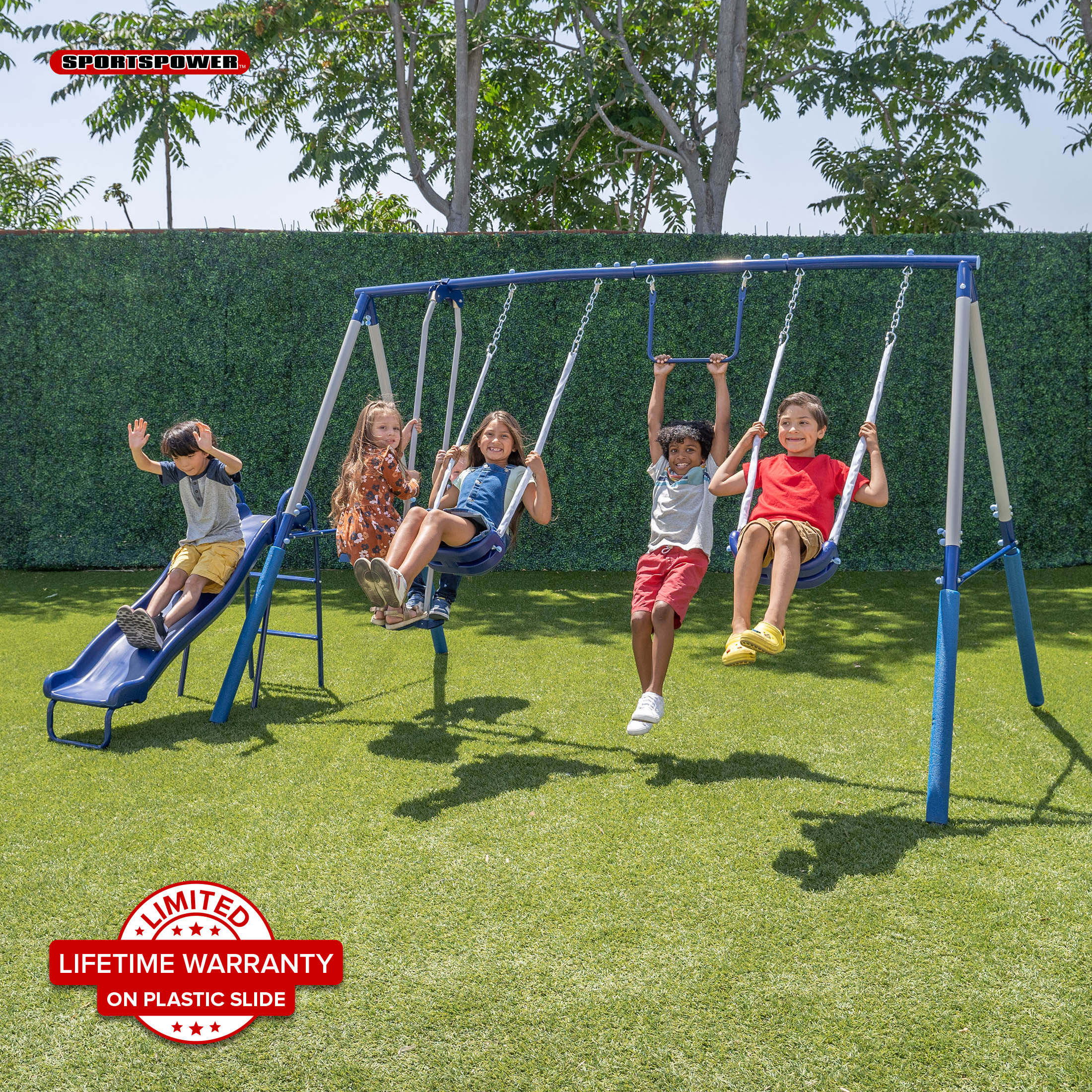 Sportspower Arcadia Metal Swing Set with Trapeze, 2 Person Glider Swing, and Lifetime Warranty on Blow Molded Slide - image 1 of 11