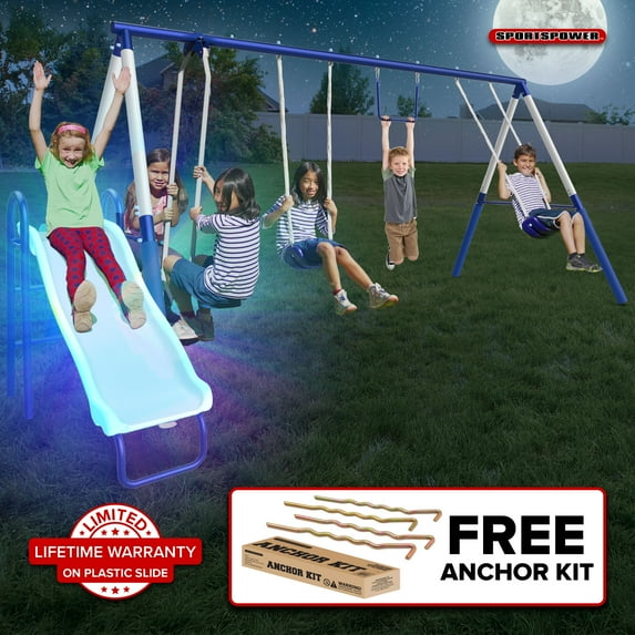 Sportspower Arcadia Star Burst Metal Swing Set with Trapeze, 2-Person Glider Swing, 5' LED Light-Up Slide with Lifetime Warranty & Bonus Anchor Kit, for Kids Aged 3-8