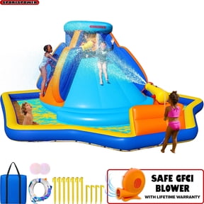 Sportspower Battle Ridge Inflatable Water Slide with Climbing Wall & Water Cannon, Kids Backyard Water Park with Blower, Outdoor Ages 38