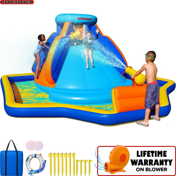 Sportspower Battle Ridge 149" x 166" Large Outdoor Inflatable Water Slide for Kids, Backyard Water Park with Climbing Wall & Water Cannons, Blower Included