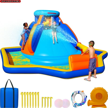 Sportspower™ Battle Ridge Inflatable Water Slide with Climbing Wall, Water Cannons & Splash Pool, 13.8' x 12.4' x 6.5', ASTM Certified, Blower Included