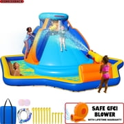 Sportspower Battle Ridge Inflatable Water Slide with Climbing Wall & Water Cannon, Kids Backyard Water Park with Blower, Outdoor Ages 3–8