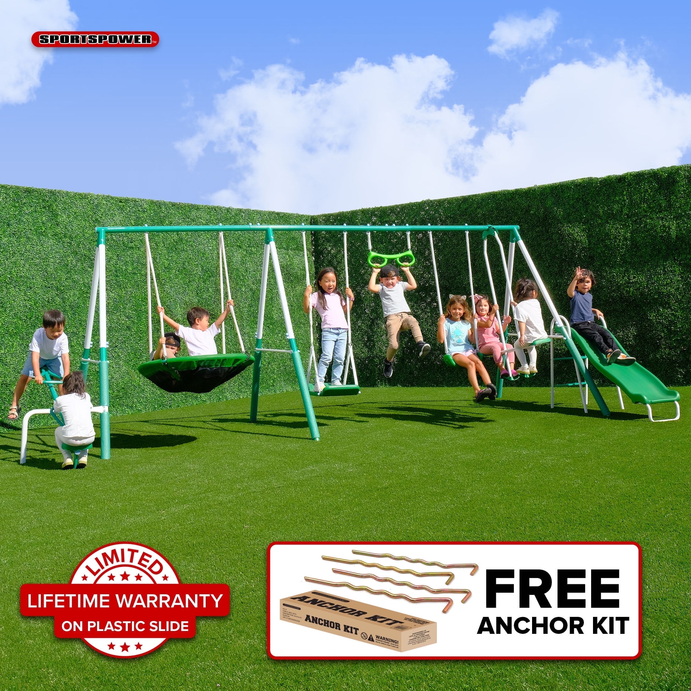 Sportspower Bayside 7-in-1 Metal Swing Set, 1000 lb Total Capacity, Teeter-Totter, Swing, Saucer, Standing Swing, Trapeze, Glider, 5 ft Slide, 17.4 ft L x 7.6 ft W x 6 ft H