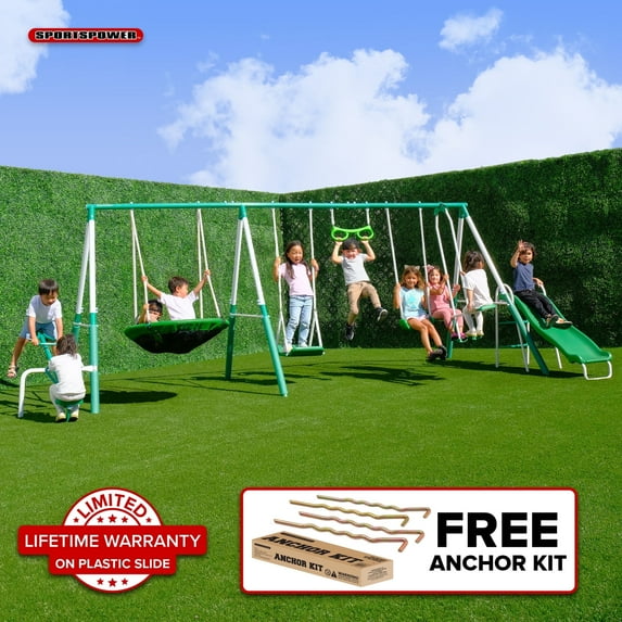 Sportspower Bayside 7-in-1 Metal Swing Set, 1000 lb Total Capacity, Teeter-Totter, Swing, Saucer, Standing Swing, Trapeze, Glider, 5 ft Slide, 17.4 ft L x 7.6 ft W x 6 ft H