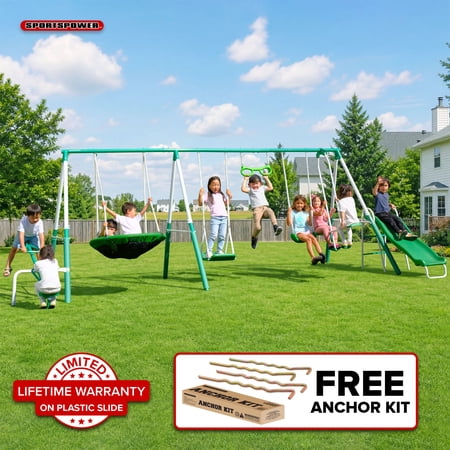 Sportspower Bayside 7-in-1 Metal Swing Set, 1000 lb Total Capacity, Teeter-Totter, Swing, Saucer, Standing Swing, Trapeze, Glider, 5 ft Slide, 17.4 ft L x 7.6 ft W x 6 ft H