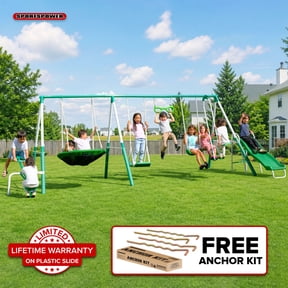 Sportspower Bayside 7-in-1 Metal Swing Set, 1000 lb Total Capacity, Teeter-Totter, Swing, Saucer, Standing Swing, Trapeze, Glider, 5 ft Slide, 17.4 ft L x 7.6 ft W x 6 ft H