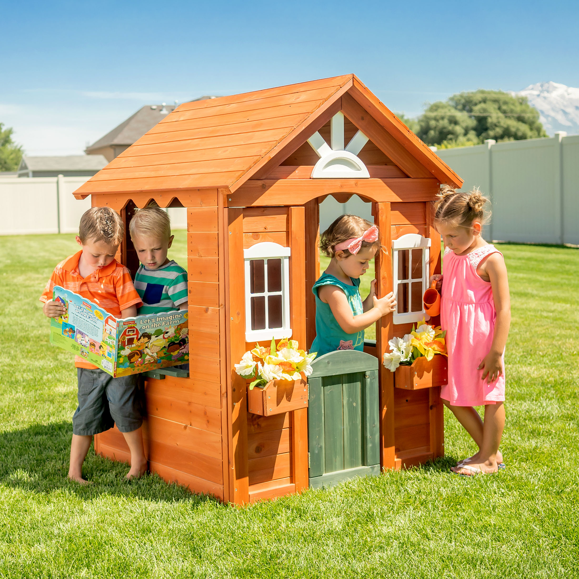 Sportspower Bellevue Kids Wooden Playhouse with Fun Colored Working Front Door, White Trim Windows, and Flower Pot Holders - image 1 of 13