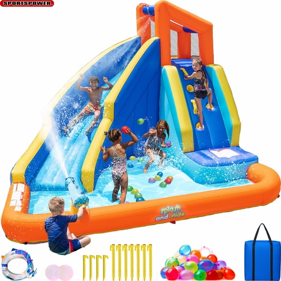 Sportspower Big Wave II Inflatable Water Slide with Climbing Wall & Splash Pool, Backyard Water Park for Kids, Blow Up Waterslide, Water Balloons Included