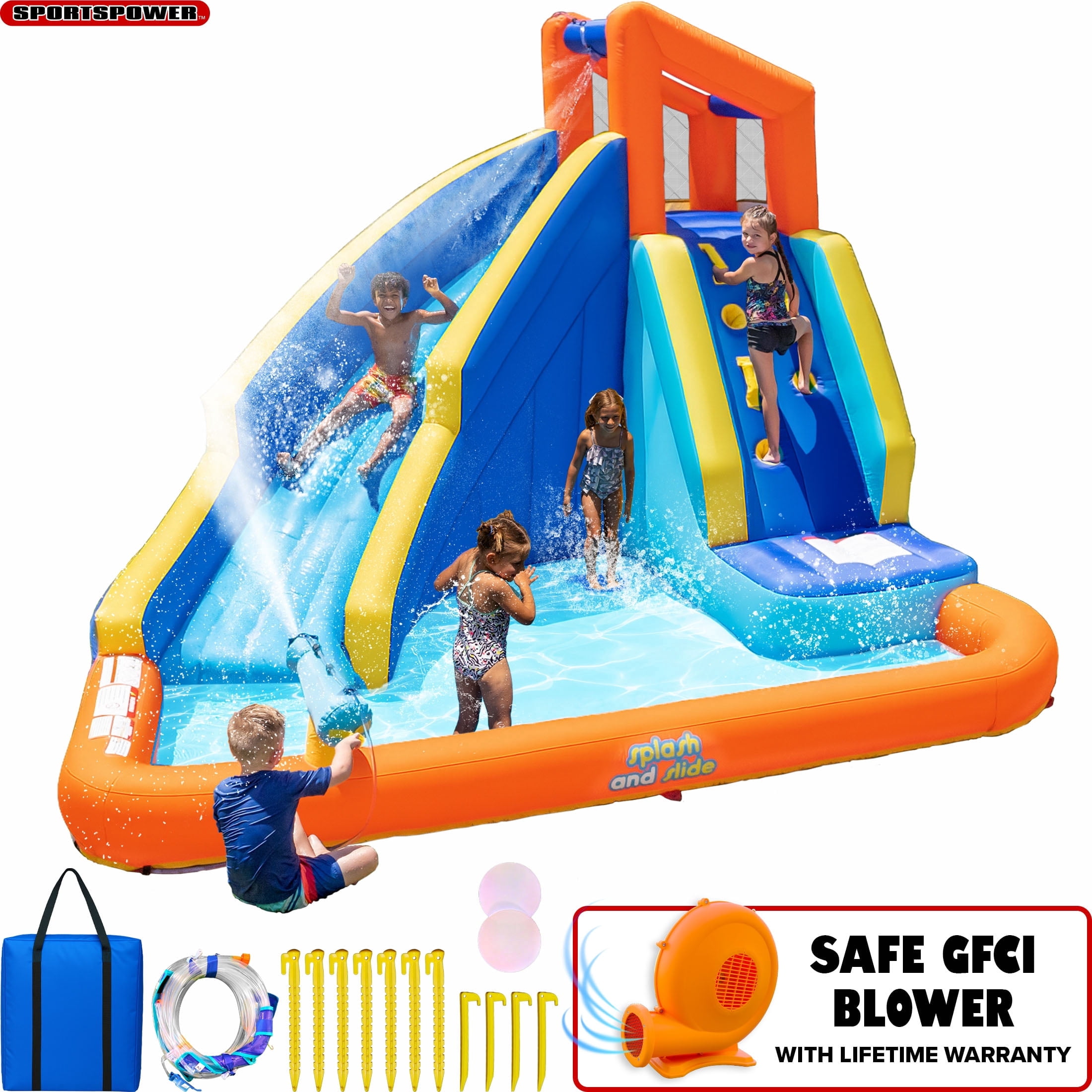 Sportspower Big Wave II Inflatable Water Slide with Climbing Wall & Splash Pool, Backyard Water Park for Kids, Blow Up Waterslide with Blower, Heavy Duty blower, GFCI Safety Plug, Ages 3-12