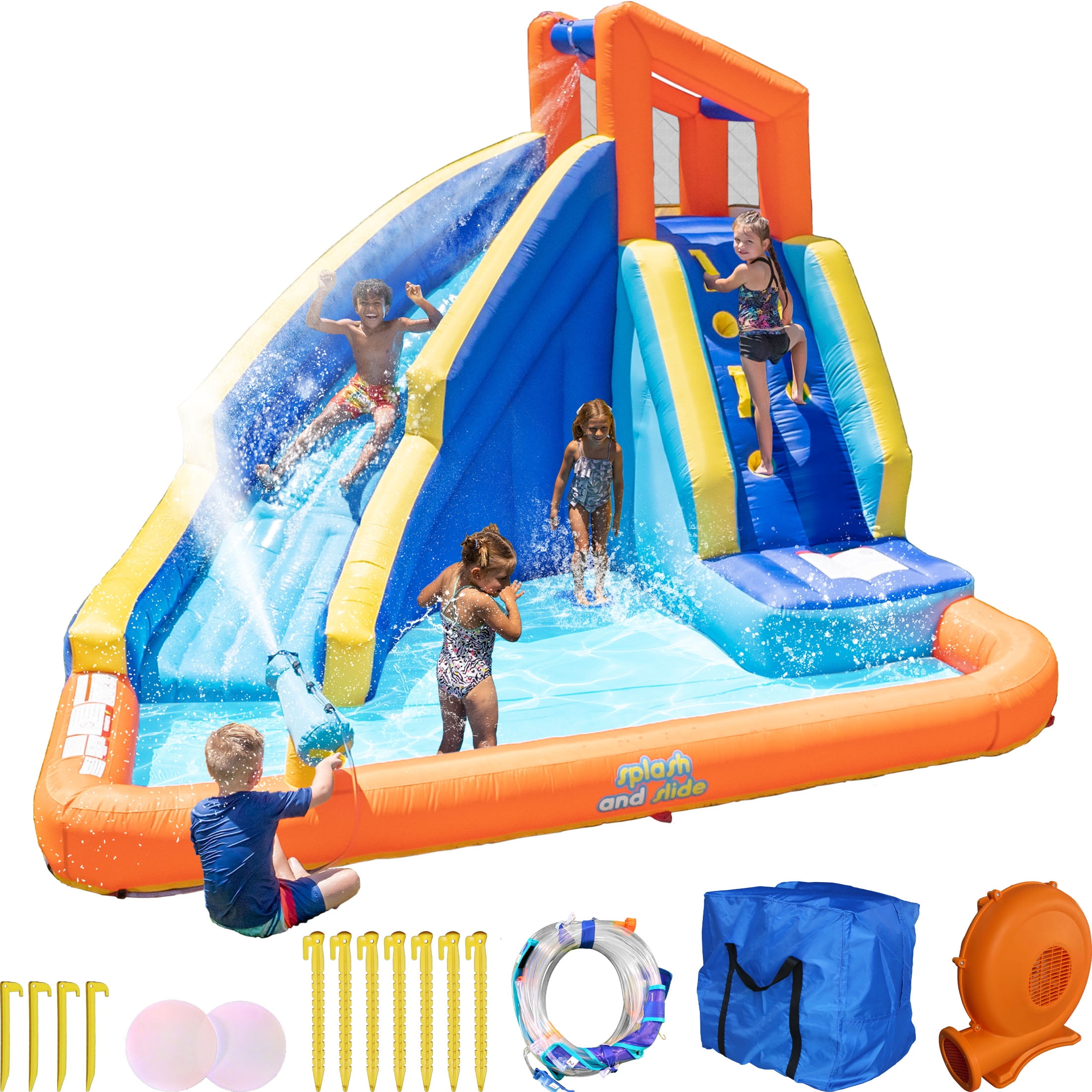 Sportspower Big Wave II Inflatable Water Slide with Climbing Wall & Splash Pool, Ages 3-8, Heavy Duty, ASTM Certified, Lifetime Warranty on Included Blower