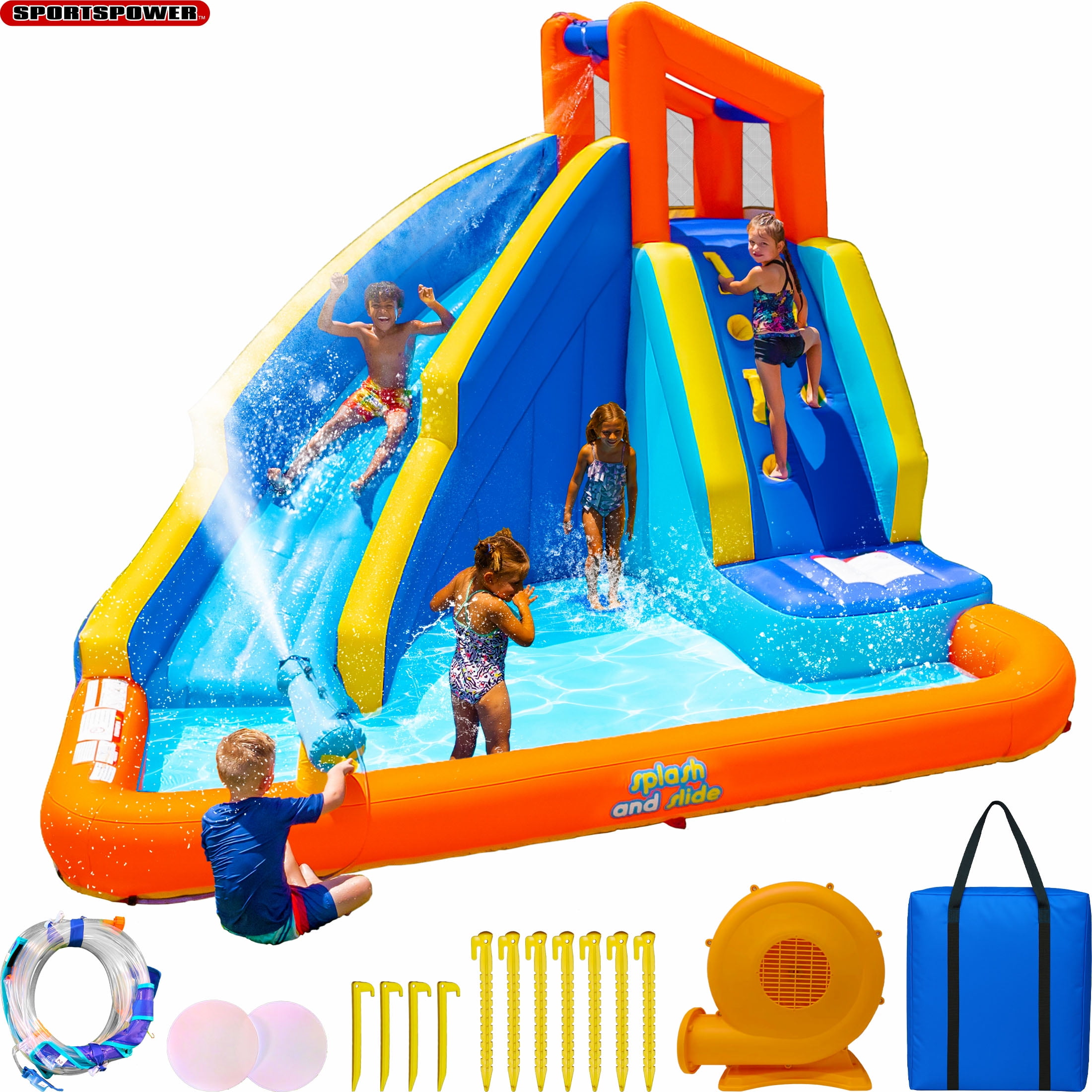 Sportspower Big Wave II Inflatable Water Slide with Climbing Wall & Splash Pool, 11.5' x 10.5' x 8', Heavy Duty, ASTM Certified, Blower Included