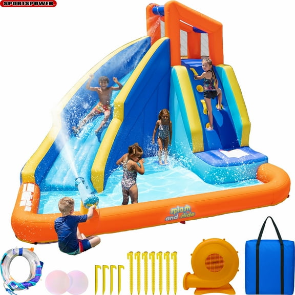 Sportspower Big Wave II Inflatable Water Slide with Climbing Wall & Splash Pool, Ages 3-8, Heavy Duty, ASTM Certified, Lifetime Warranty on Included Blower