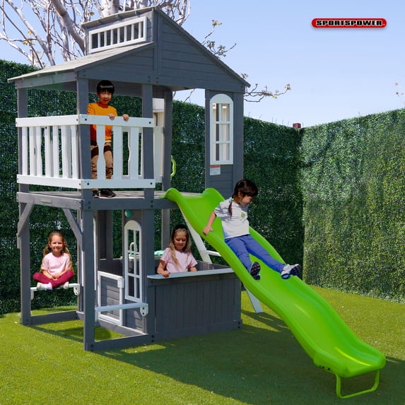Sportspower Blakely 2-Story Playhouse with 8FT Slide, Working Door, Benches for Rest & Pretend Play Features, for Kids Ages 3-10, Wooden Elevated Playhouse
