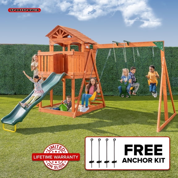 Sportspower Blue Ridge Wooden Swing Set with Roofed Clubhouse & Balcony, 2 Belt Swings, 2-Person Roman Glider, 8ft Slide, Sandbox, Rock Climber, FREE Anchors Included