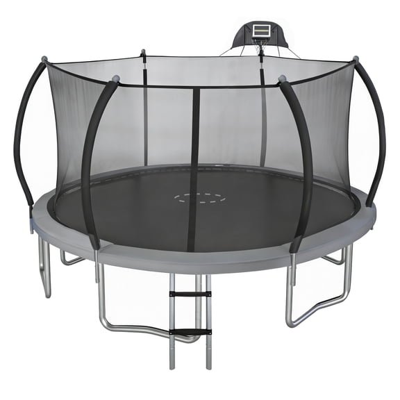 Sportspower BouncePro 14ft Trampoline Meets ASTM Safety Standards, Heavy-Duty Rust-Resistant Steel Frame, UV-Resistant Jump Mat, Safety Net, Ladder & Basketball Hoop